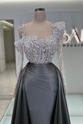 Charming Olive Square A-Line Long Sleeves Beaded Lace Column Panel Train Satin Prom Dresses With Pearls